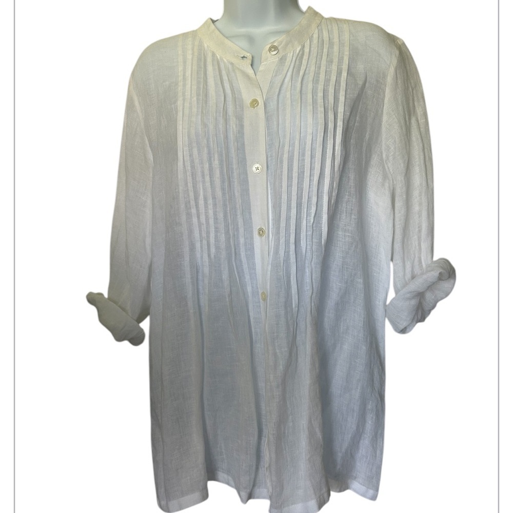 Tommy Bahama White Linen Pintuck Band  Collar Blouse Size L